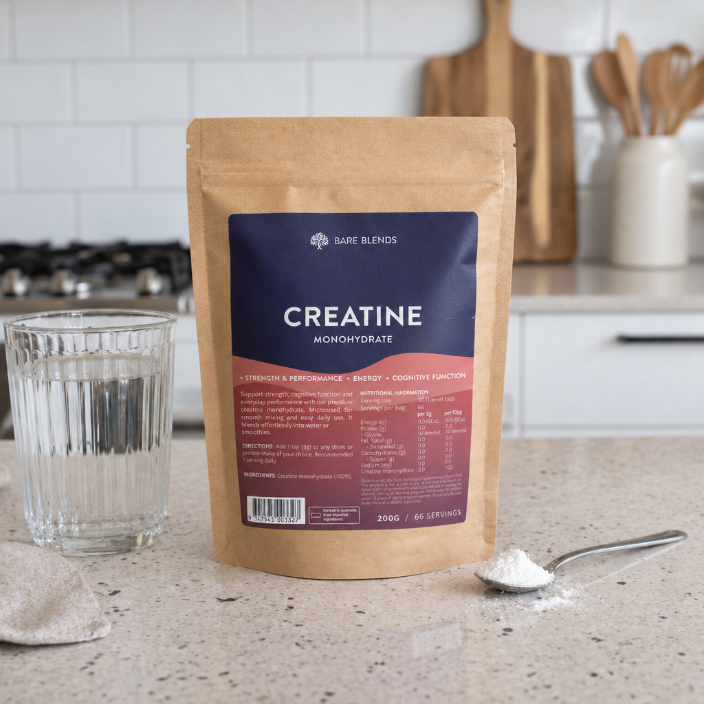 Bare Blends Creatine Monohydrate pouch with water and serving spoon