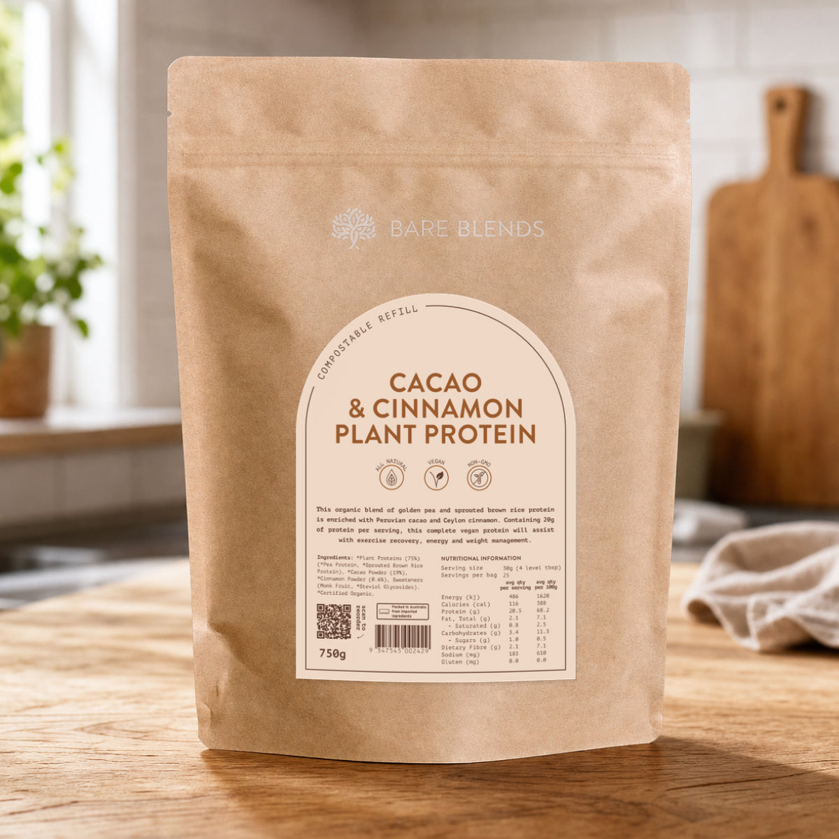 Bare Blends Cacao and Cinnamon Plant Protein 750g pouch on a kitchen bench