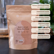 Bare Blends Raw Cacao Fava Protein 500g pouch with product feature callouts