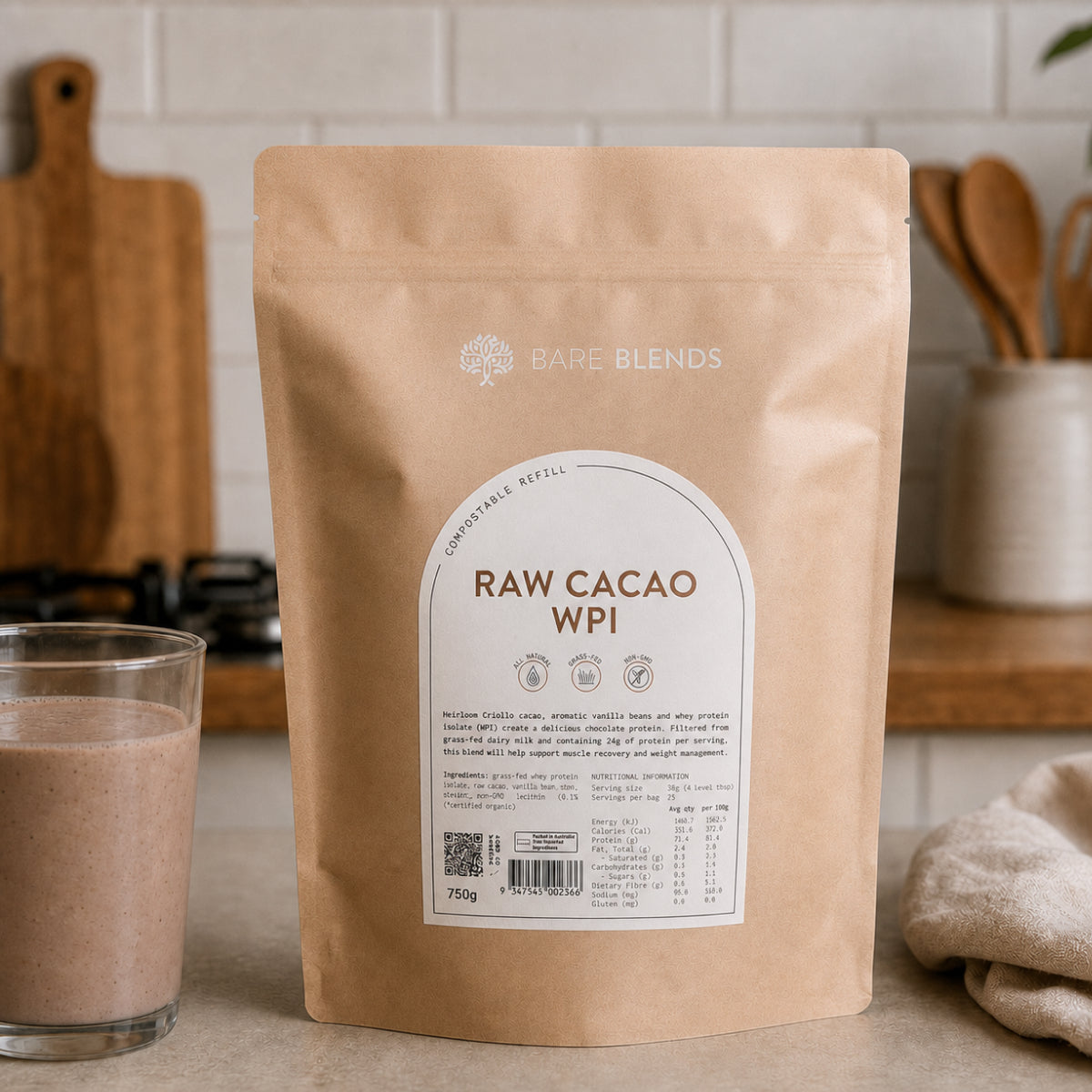 Bare Blends Raw Cacao WPI 750g pouch beside a chocolate protein shake in a kitchen