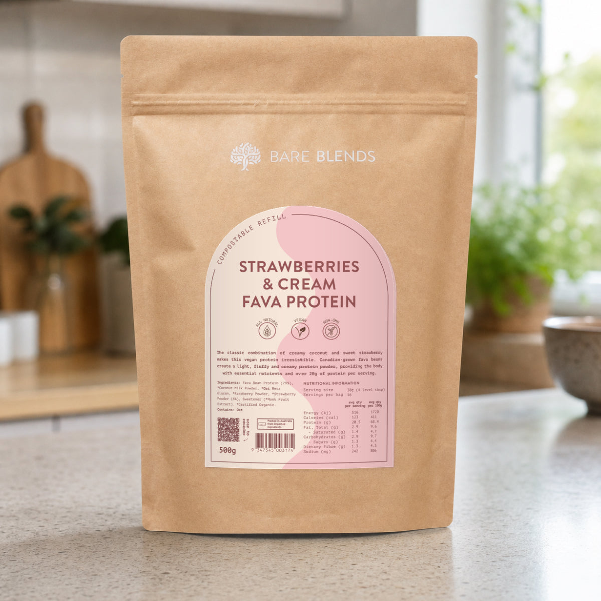 Bare Blends Strawberries & Cream Fava Protein 500g pouch on a kitchen bench