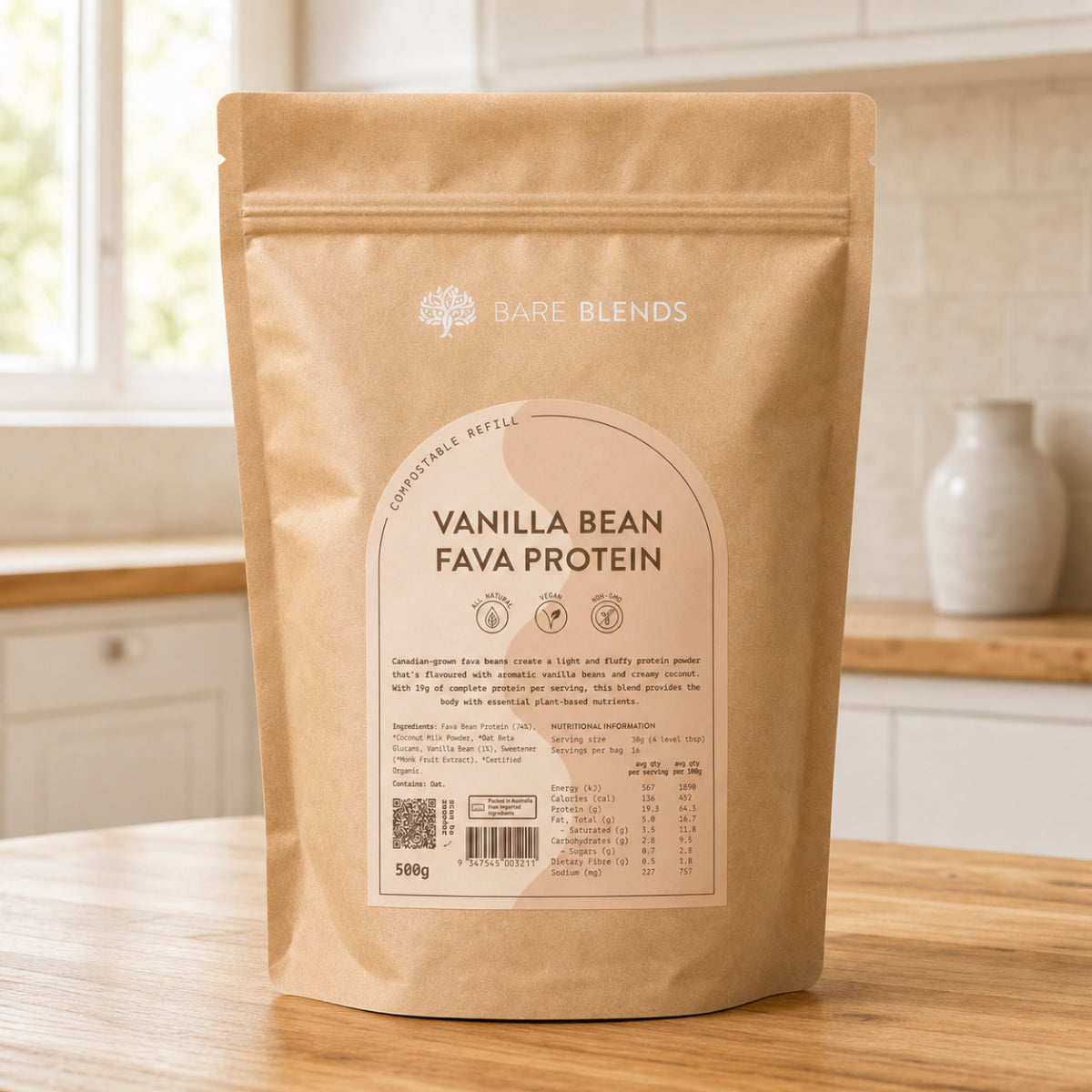 Bare Blends Vanilla Bean Fava Protein 500g pouch on a kitchen bench