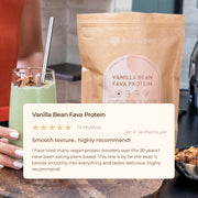 Green smoothie and Bare Blends Vanilla Bean Fava Protein pouch with customer review
