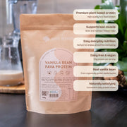 Bare Blends Vanilla Bean Fava Protein 500g pouch with product feature callouts