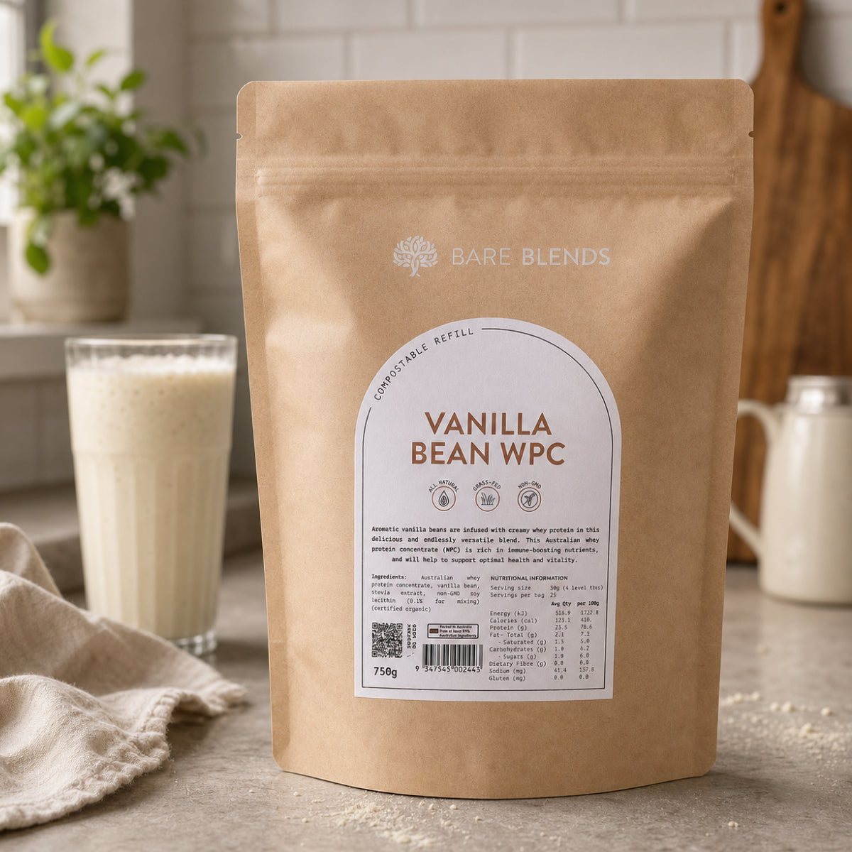 Bare Blends Vanilla Bean WPC 750g pouch beside a vanilla protein shake in a kitchen
