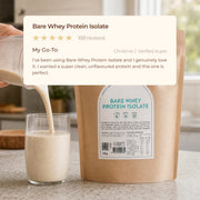 Bare Whey Protein Isolate customer review above a protein shake and product pouch