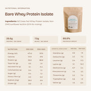 Bare Whey Protein Isolate ingredients, nutrition information and essential amino acid profile
