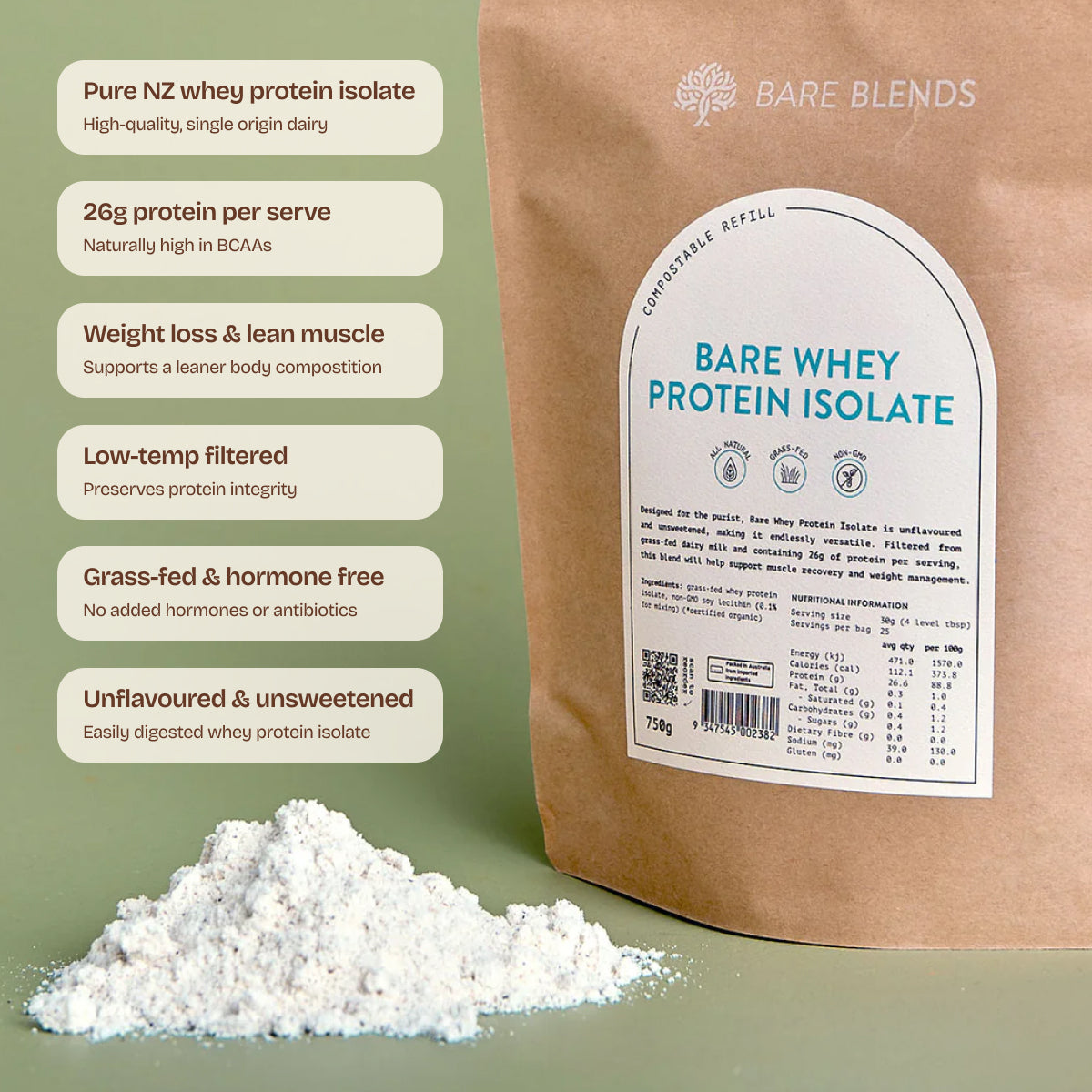 Bare Whey Protein Isolate pouch and protein powder with product feature callouts