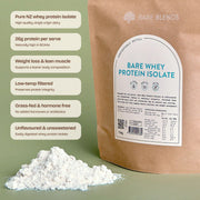 Bare Whey Protein Isolate pouch and protein powder with product feature callouts