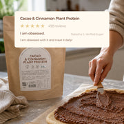 Cacao and Cinnamon Plant Protein customer review above chocolate mixture being spread for baking