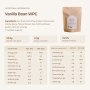 Vanilla Bean WPC ingredients, nutrition information and essential amino acid profile