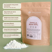 Vanilla Bean WPC pouch and protein powder with product feature callouts