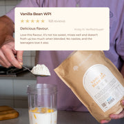 Vanilla Bean WPI customer review shown above protein powder being added to a blender