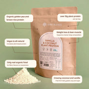 Vanilla and Coconut Plant Protein pouch and powder with product feature callouts