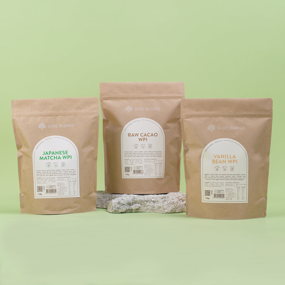 Three Bare Blends protein bags